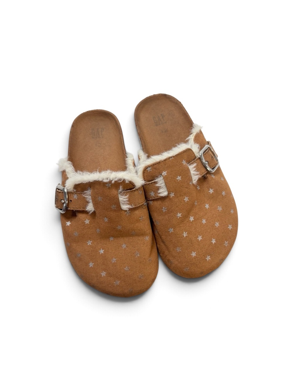 Gap Kids Camel Tan Suede Silver Star Sherpa Lined Slip On Clogs Shoes Size 12